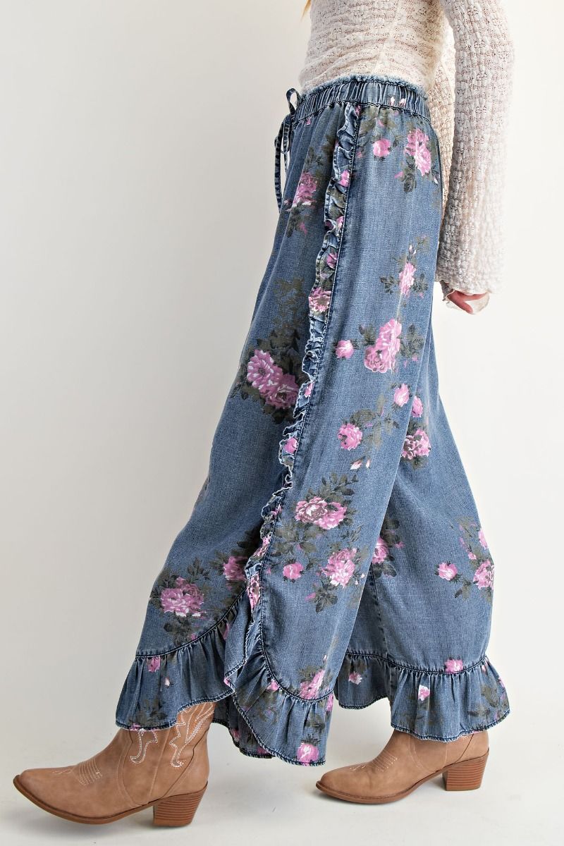 Easel Floral Print Pants Chambray Pants in Washed Denim – June Adel