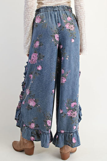 Easel Floral Print Pants Chambray Pants in Washed Denim