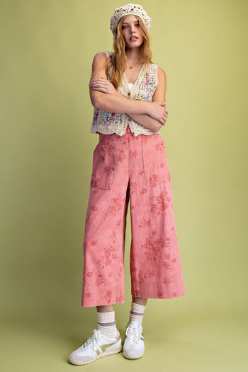 Easel Floral Print Washed Twill Pants in Antique Rose