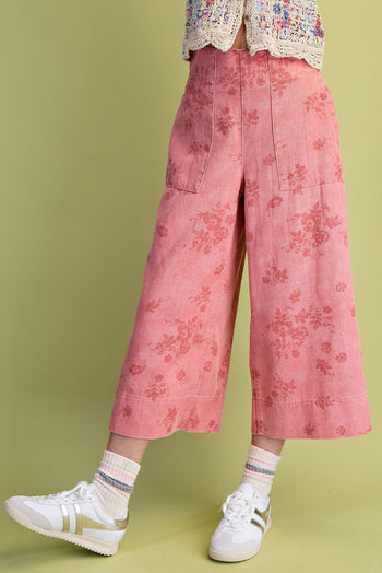 Easel Floral Print Washed Twill Pants in Antique Rose