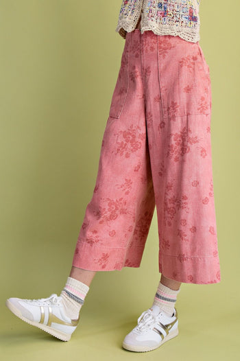 Easel Floral Print Washed Twill Pants in Antique Rose