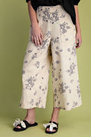 Easel Floral Print Washed Twill Pants in Khaki