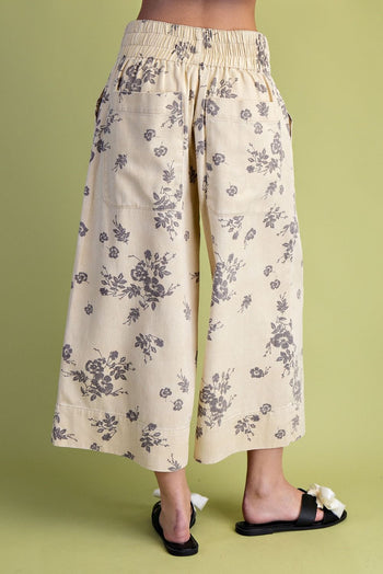 Easel Floral Print Washed Twill Pants in Khaki