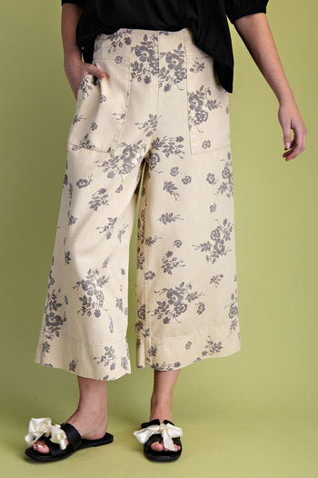 Easel Floral Print Washed Twill Pants in Khaki