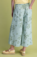 Easel Floral Print Washed Twill Pants in Sage Green