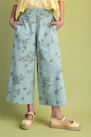 Easel Floral Print Washed Twill Pants in Sage Green
