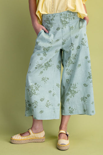 Easel Floral Print Washed Twill Pants in Sage Green