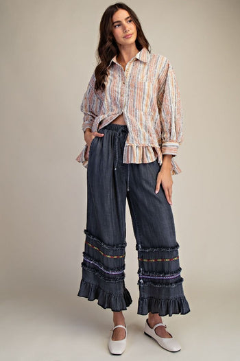 Easel Ruffle Bottom Stone Washed Chambray Pants in Black Denim