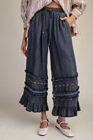 Easel Ruffle Bottom Stone Washed Chambray Pants in Black Denim