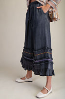 Easel Ruffle Bottom Stone Washed Chambray Pants in Black Denim