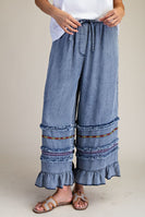 Easel Ruffle Bottom Stone Washed Chambray Pants in Washed Denim