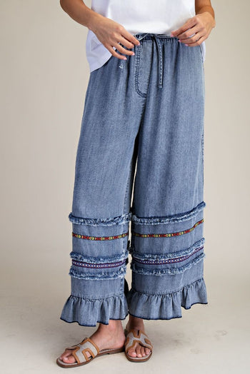 Easel Ruffle Bottom Stone Washed Chambray Pants in Washed Denim