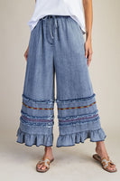 Easel Ruffle Bottom Stone Washed Chambray Pants in Washed Denim