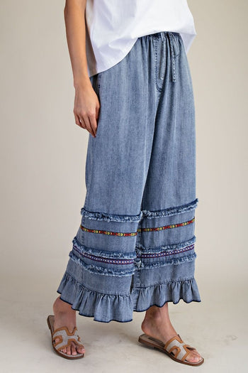 Easel Ruffle Bottom Stone Washed Chambray Pants in Washed Denim