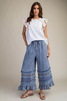Easel Ruffle Bottom Stone Washed Chambray Pants in Washed Denim