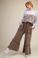 Easel Mineral Washed Frayed Edge Terry Knit Pants in Espresso