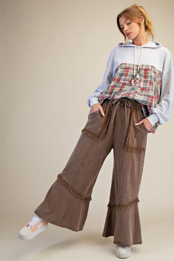 Easel Mineral Washed Frayed Edge Terry Knit Pants in Espresso