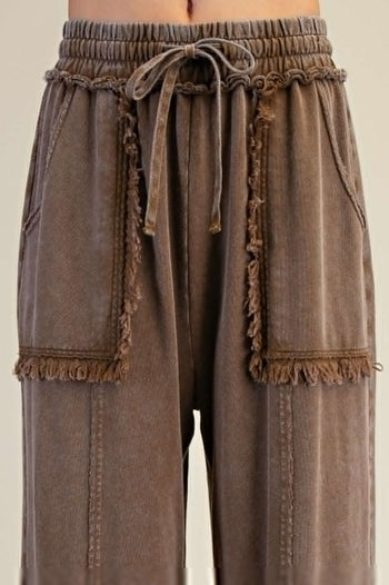 Easel Mineral Washed Frayed Edge Terry Knit Pants in Espresso