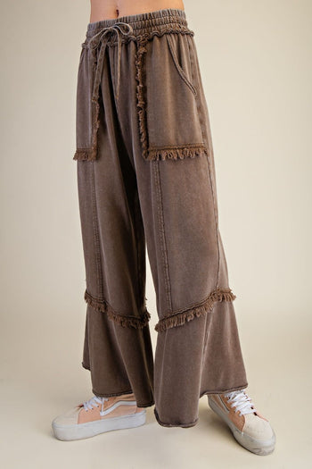 Easel Mineral Washed Frayed Edge Terry Knit Pants in Espresso