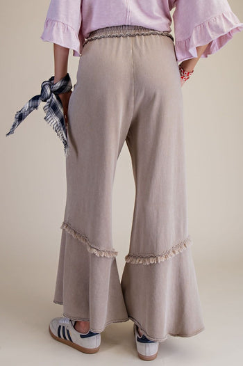 Easel Mineral Washed Frayed Edge Terry Knit Pants in Mushroom