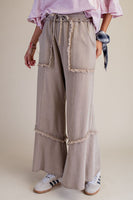 Easel Mineral Washed Frayed Edge Terry Knit Pants in Mushroom