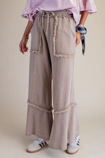 Easel Mineral Washed Frayed Edge Terry Knit Pants in Mushroom