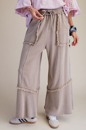 Easel Mineral Washed Frayed Edge Terry Knit Pants in Mushroom