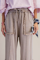 Easel Mineral Washed Frayed Edge Terry Knit Pants in Mushroom