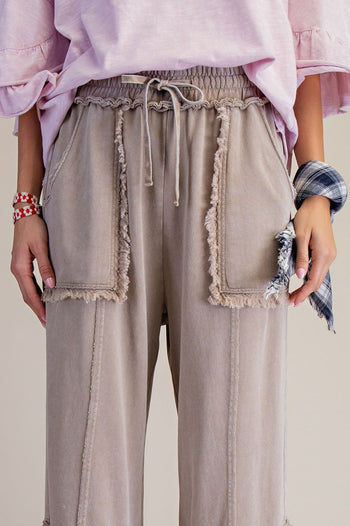 Easel Mineral Washed Frayed Edge Terry Knit Pants in Mushroom