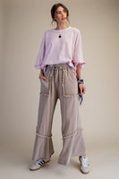 Easel Mineral Washed Frayed Edge Terry Knit Pants in Mushroom