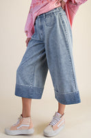 Easel Striped Wide Leg Capri Pants in Washed Denim