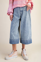 Easel Striped Wide Leg Capri Pants in Washed Denim