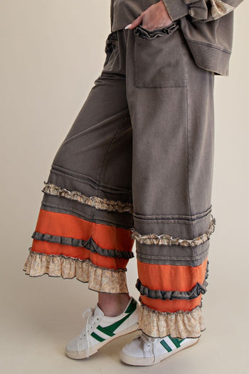 Easel Terry Knit Pant with Contrasting Color Mix Bottom Hem in Ash