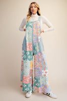 Easel Patchwork Print Thermal Knit Jumpsuit in Blue Combo
