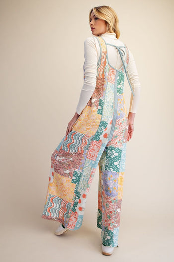 Easel Patchwork Print Thermal Knit Jumpsuit in Blue Combo