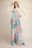 Easel Patchwork Print Thermal Knit Jumpsuit in Blue Combo