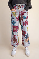 Easel Floral Print Mineral Washed Terry Pants in Heather Grey