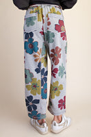 Easel Floral Print Mineral Washed Terry Pants in Heather Grey