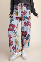 Easel Floral Print Mineral Washed Terry Pants in Heather Grey