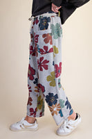 Easel Floral Print Mineral Washed Terry Pants in Heather Grey
