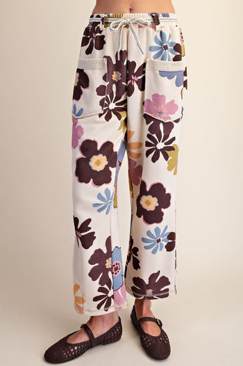 Easel Floral Print Mineral Washed Terry Pants in Khaki