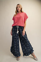 Easel Floral Print Washed Denim Palazzo Pants in Dark Denim