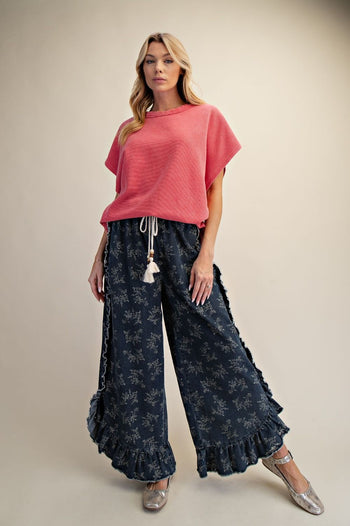 Easel Floral Print Washed Denim Palazzo Pants in Dark Denim