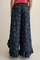 Easel Floral Print Washed Denim Palazzo Pants in Dark Denim