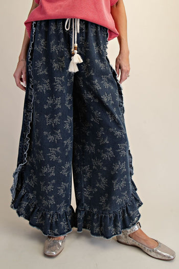 Easel Floral Print Washed Denim Palazzo Pants in Dark Denim