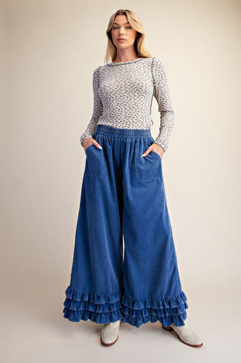 Easel Ruffle Bottom Washed Baby Corduroy Pants in Denim Blue
