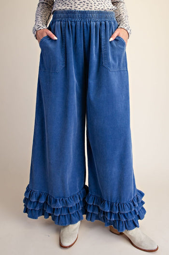Easel Ruffle Bottom Washed Baby Corduroy Pants in Denim Blue