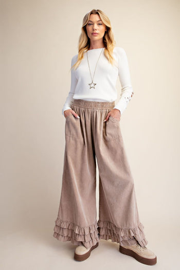 Easel Ruffle Bottom Washed Baby Corduroy Pants in Khaki