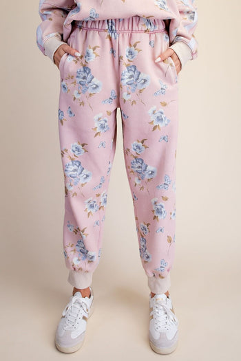 Easel Signature Printed Washed Joggers in Cotton Pink