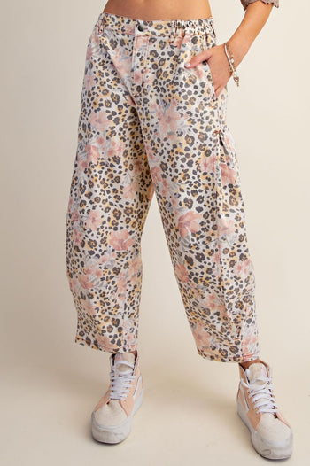 Easel Animal Floral Print Washed Twill Barrel Pants in Animal